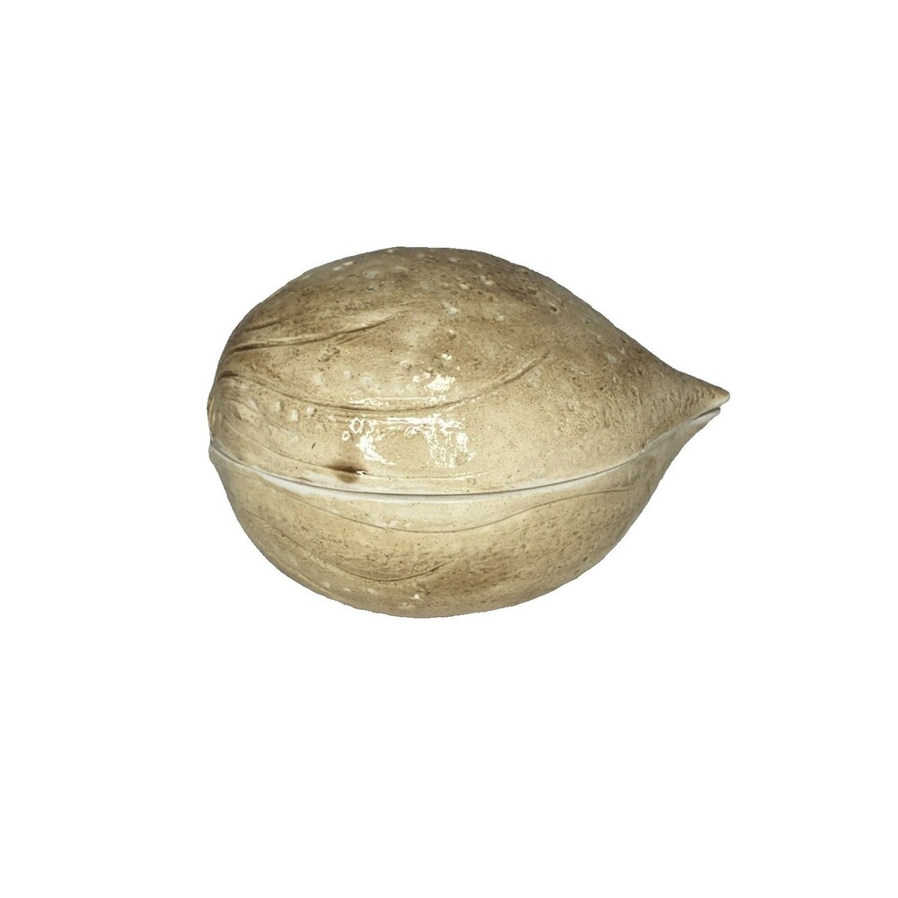 VTG MCM Ceramic Beige Almond Candy Dish + Lid Kay Kinney Signed 4”x6”